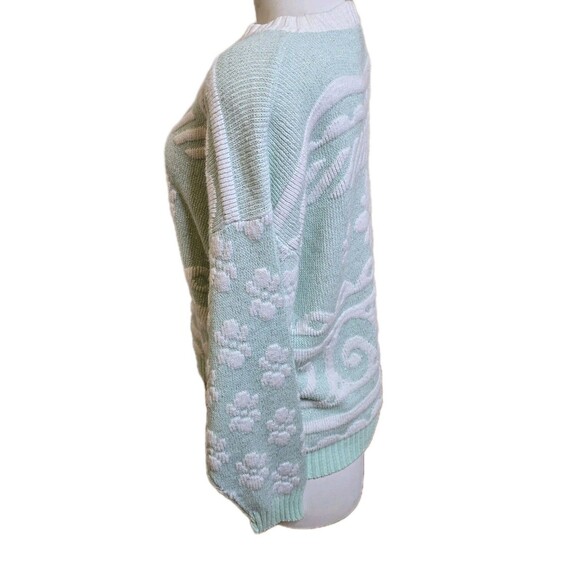Vintage Beaucoup USA Made Mint Green White Metallic Floral Knit Pullover Sweater - Picture 5 of 12